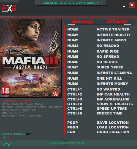 Mafia 3 : Faster, Baby! v1.07 Trainer +17